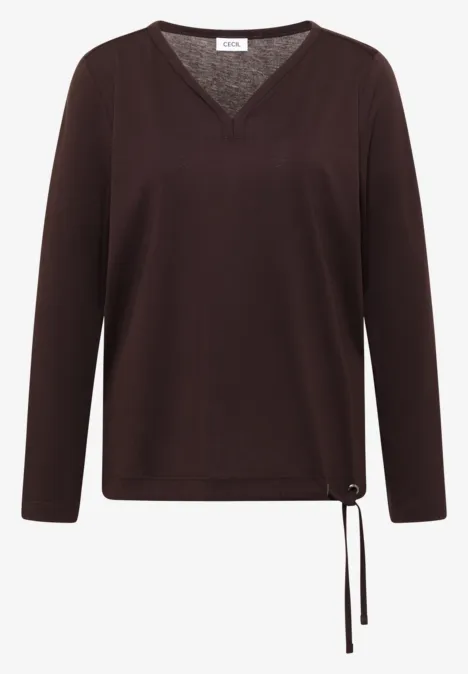 Shirt mit Split Neck im Tunika-Look truffle brown Brauner Pullover mit V-Ausschnitt, langen Ärmeln und seitlichem Kordelzug.