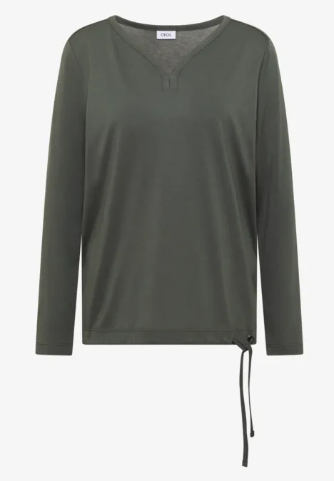 Shirt mit Split Neck im Tunika-Look dried olive green Olivgrünes Langarmshirt mit V-Ausschnitt und seitlichem Kordelzug.