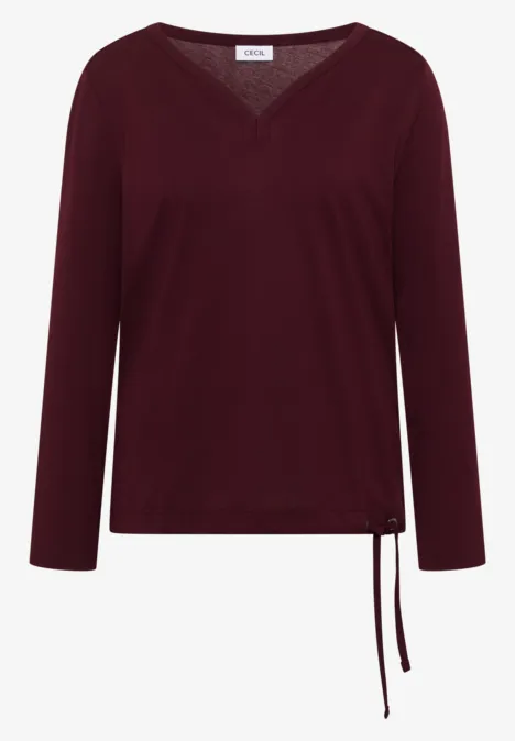 Shirt mit Split Neck im Tunika-Look red wine Dunkelrotes Langarm-Shirt mit V-Ausschnitt und seitlichem Kordelzug am Saum.