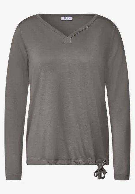 Shirt mit Split Neck im Tunika-Look storm grey Graues Damenlangarmshirt mit V-Ausschnitt und seitlicher Schnürung am Saum.