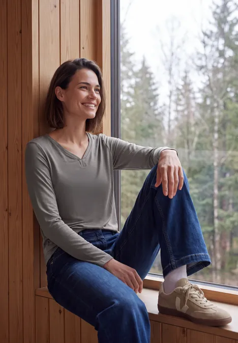 Shirt mit Split Neck im Tunika-Look storm grey Eine lächelnde Frau sitzt entspannt auf der Fensterbank und blickt in den Wald.