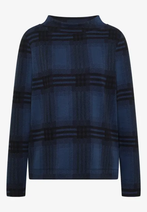 Shirt met lange mouwen, trechterhals en patroon urban dark blue melange Blauer Pullover mit dunklem Karomuster und Rundhalsausschnitt