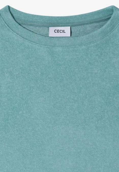 Prosty miętowy t-shirt z okrągłym dekoltem i metką CECIL z tyłu kołnierza.