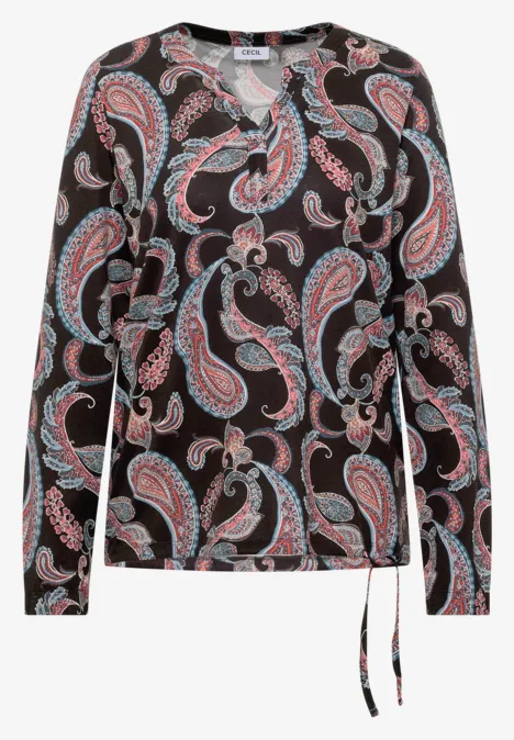 Dunkle Langarmbluse mit buntem Paisley-Muster, V-Ausschnitt mit kurzer Knopfleiste und Taillenschnürung
