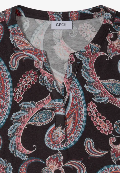 Schwarzes Damenoberteil mit V-Ausschnitt und buntem Paisley-Muster von CECIL.