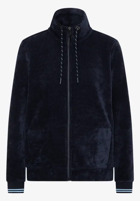 Dunkelblauer, kuscheliger Fleece-Zip-Pullover mit Stehkragen, Kordelzug und gestreiften Bündchen