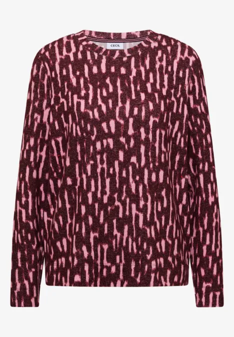 Damenpullover mit rundem Ausschnitt, langärmelig, dunkelrot-rosa abstraktes Fleckenmuster.