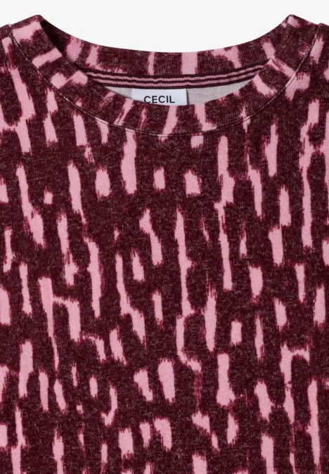 Dunkelrotes Strickshirt mit rosa abstraktem Muster und rundem Ausschnitt von Cecil.