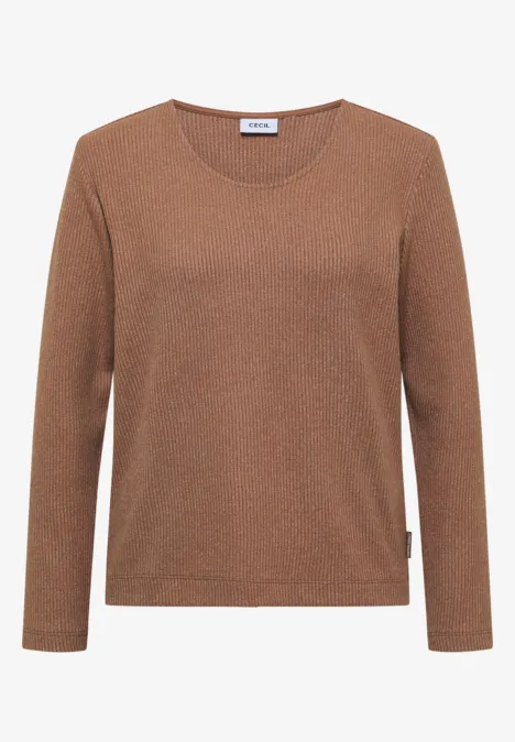 Brauner Langarm-Pullover mit Rundhalsausschnitt und feinem, schimmerndem Strick.