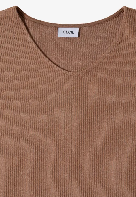 Braunes, geripptes V-Ausschnitt-Shirt der Marke Cecil.
