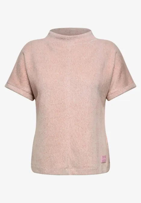 Rosa kurzärmliges, locker geschnittenes Damen-Sweatshirt mit Stehkragen und weichem Stoff.