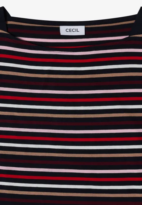 T-shirt à manches longues rayé noir, rouge, beige et blanc, col rond et étiquette de marque