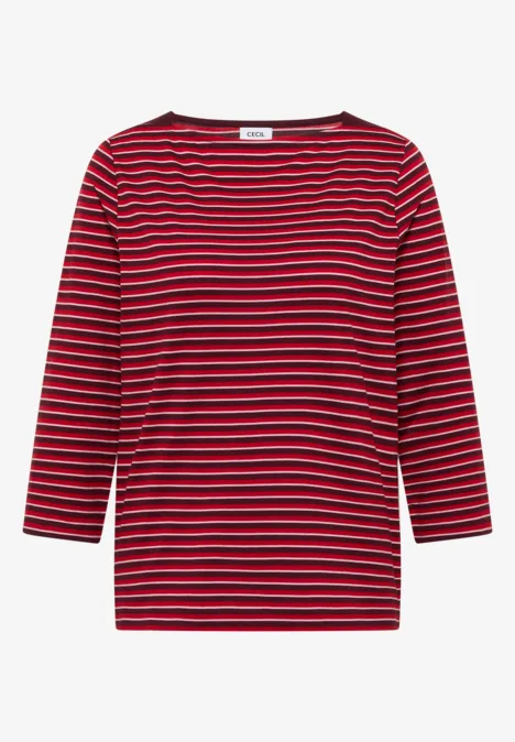 T-shirt rouge à manches longues avec rayures horizontales noires et encolure ronde.
