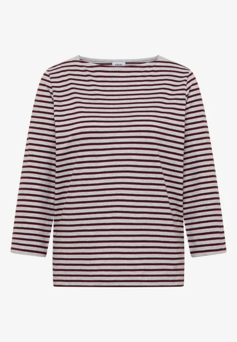Langärmliges Damen-Shirt mit weißen, navyblauen und burgunderfarbenen Streifen.