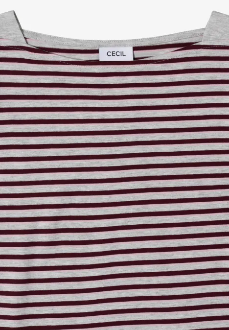 Hellgraues T-Shirt mit horizontalen dunkelroten Streifen und einem CECIL-Label am Kragen.