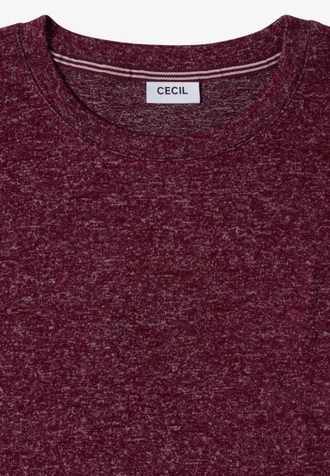 Dunkelrotes meliertes T-Shirt mit Rundhalsausschnitt und weißem 'CECIL'-Label im Nacken.
