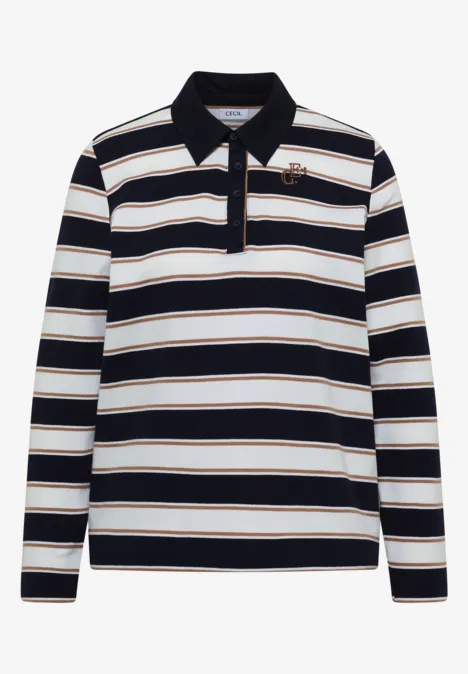 Polo à manches longues à larges rayures noire, blanche et dorée avec petit logo poitrine.