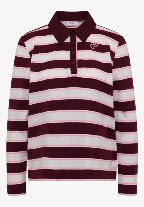 Langärmeliges Poloshirt mit breiten, horizontalen Bordeaux- und Weißstreifen.