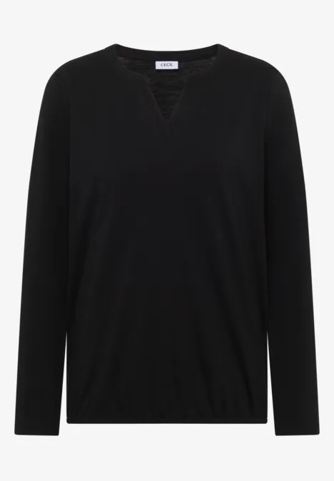Schwarzer, langärmliger Pullover mit V-Ausschnitt und schlichter Optik.