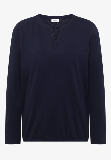 Schlichtes dunkelblaues Langarmshirt mit V-Ausschnitt und elastischem Saum.