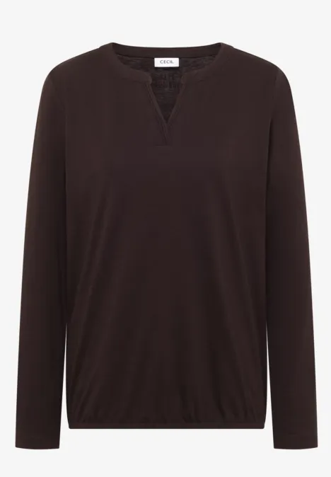 Schwarzes Langarmshirt mit V-Ausschnitt und geradem Schnitt.