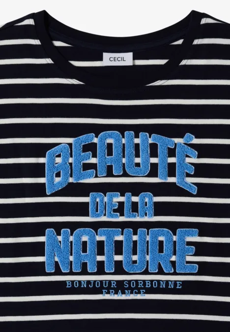 3/4-Arm Shirt Boat Neck und Streifen urban dark blue Schwarz-weiß gestreiftes T-Shirt mit blauem Schriftzug Beauté de la Nature und kleinem Bonjour Sorbonne