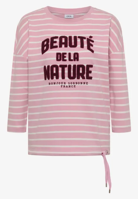 Rosa-weiß gestreiftes Langarmshirt mit seitlicher Schleife und französischer Aufschrift