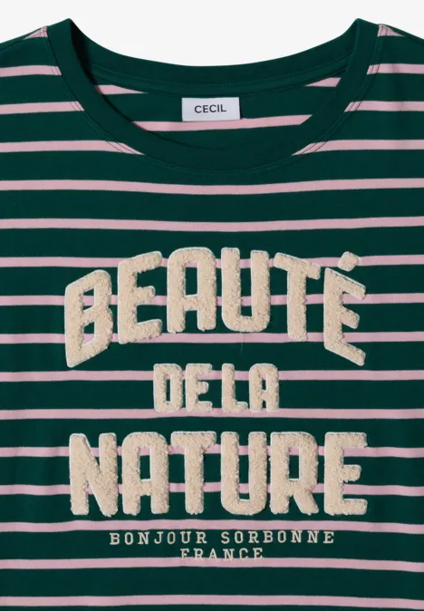 Grün-rosa gestreiftes T-Shirt mit Aufdruck 'Beauté de la Nature Bonjour Sorbonne' von CECIL.