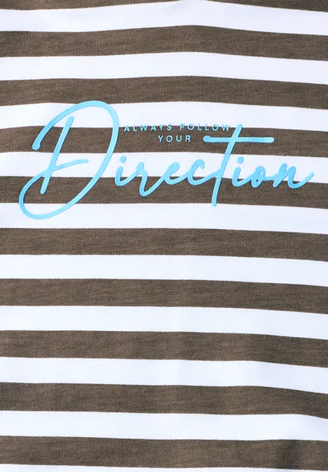 Bruin-wit gestreept T-shirt met turkooise tekst "Follow your Direction".