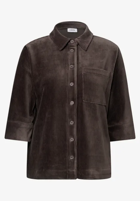 Jersey-corduroyblouse met halflange mouwen in effen kleur truffle brown Braunes Cord-Hemd mit 3/4-Ärmeln, Knopfleiste und Brusttasche