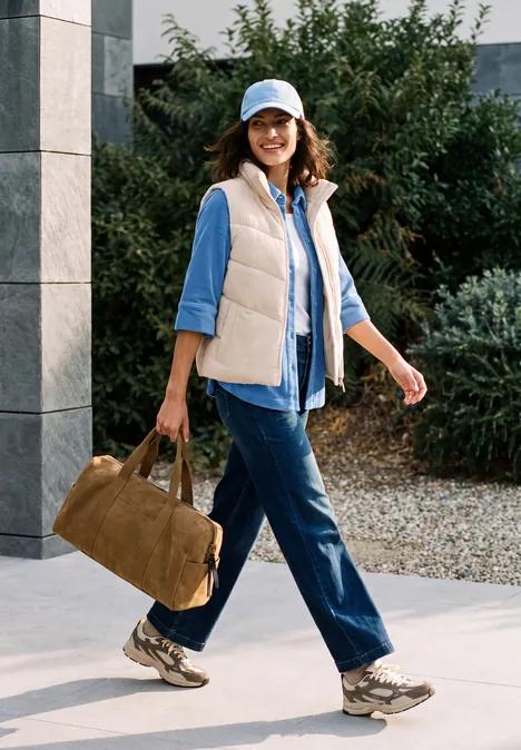 Jersey-corduroyblouse met halflange mouwen in effen kleur north blue Een vrouw in casual kleding draagt een tas en loopt glimlachend langs moderne architectuur.