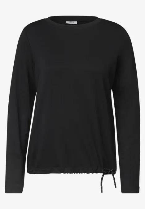 Shirt met lange mouwen en trekkoord aan de zoom Black Zwart shirt met lange mouwen, ronde hals en koord aan de zoom.