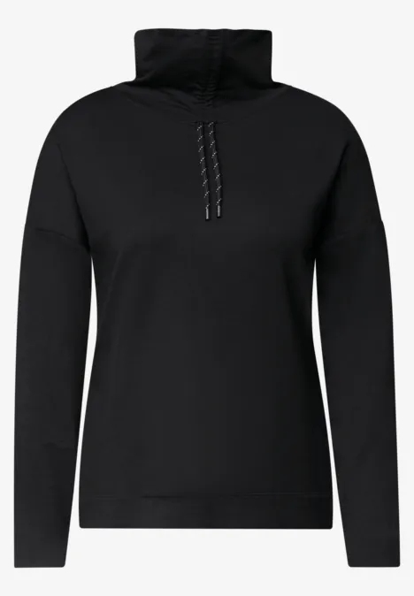 Shirt met lange mouwen, col en trekkoord Black Zwarte damestrui met hoge col en ritssluiting in strak, minimalistisch ontwerp.