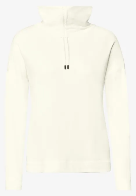 Shirt met lange mouwen, col en trekkoord vanilla white Witte trui met hoge kraag en trekkoord, eenvoudig ontwerp
