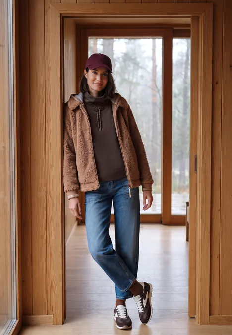 Langarm Shirt mit Rollkragen und Tunnelzug truffle brown Frau in Jeans, brauner Jacke, Hoodie und Mütze steht lässig in einem hellen Holzhausflur.