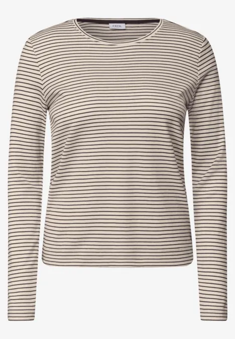 T-shirt à manches longues, col rond et rayures pearl beige Beige-weiß gestreiftes Langarmshirt mit Rundhalsausschnitt.