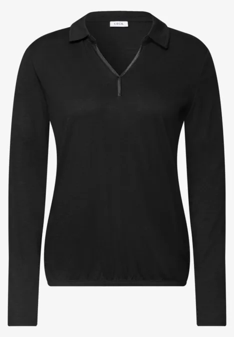 Schwarzes Langarmshirt mit Kragen, V-Ausschnitt und kurzem Reißverschluss