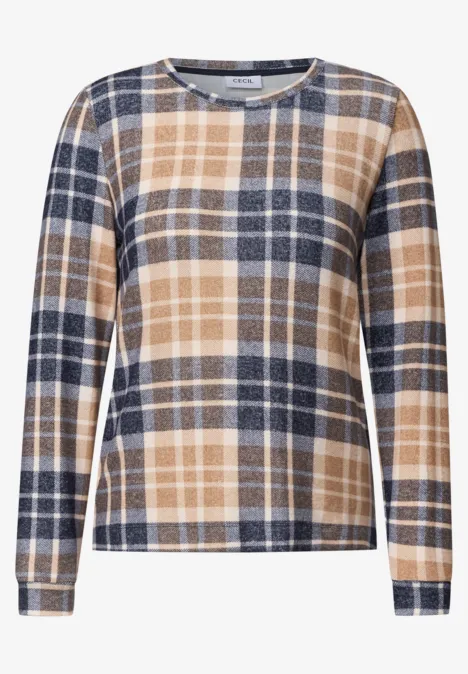 Shirt met lange mouwen, ronde hals en ruitjespatroon urban dark blue Langärmliges Damenshirt mit kariertem Muster in Beige und Dunkelblau.