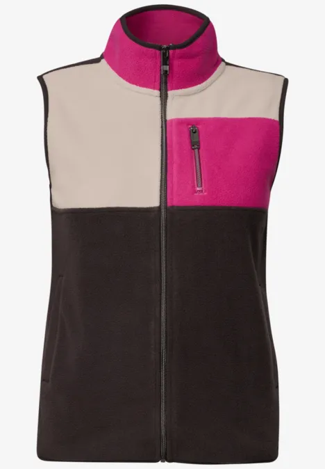 Ärmellose Fleece-Weste in Schwarz mit beigen Schultern, pinken Akzenten, Reißverschluss und Brusttasche.