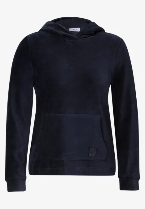 Langarm Shirt aus Cord mit Kapuze urban dark blue Dunkelblaues Samt-Hoodie mit Kapuze, langen Ärmeln und Kängurutasche.