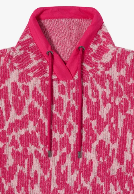 Langarm Shirt mit Fake-Kapuze pink flash Rosa-weißer Kapuzenpullover mit abstraktem Muster und Kordeln