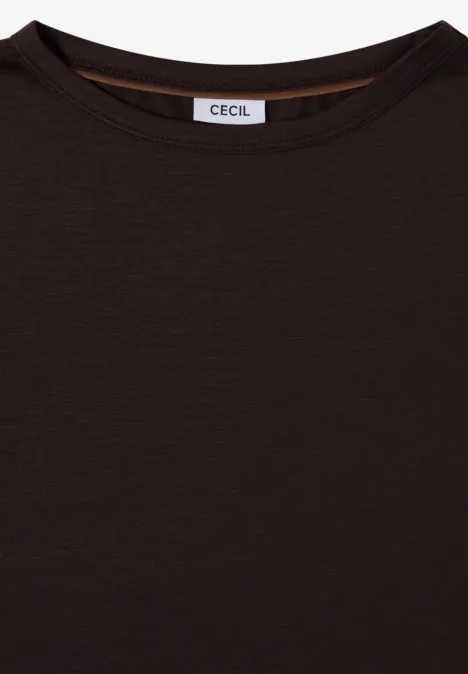 Langarm Shirt in Unifarbe mit Boat Neck truffle brown Schwarzes T-Shirt mit Rundhalsausschnitt und CECIL-Label.