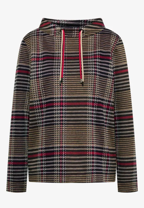 Langarm Shirt mit Funnel Neck und Muster dark toffee brown Kapuzensweater mit kariertem Muster in Beige, Schwarz und Rot, mit Kordelzug und legerem Schnitt.