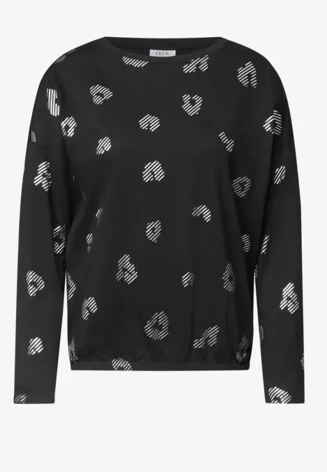 Langarm Shirt mit Boat Neck und Leo-Muster Black Schwarzes Langarmshirt mit locker verteiltem, weißem Punktemuster.