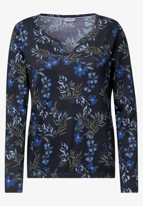 Schwarzes Langarmshirt mit blauem Blumenmuster