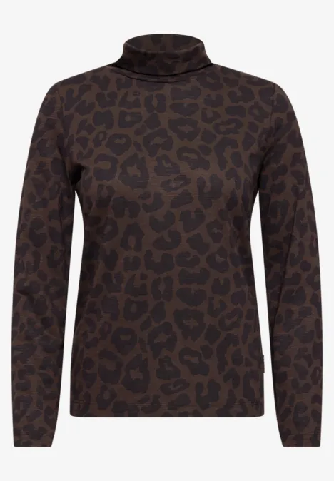 Shirt met lange mouwen, col en luipaardprint truffle brown Brauner Rollkragenpullover mit Leopardenmuster und langen Ärmeln.