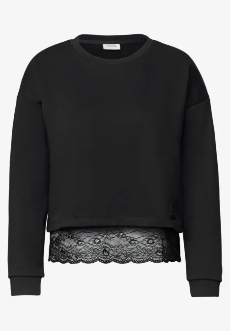 Schwarzer, kurz geschnittener Pullover mit Rundausschnitt und Spitzenbesatz am Saum.