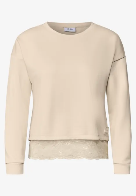 Beiger Damenpullover mit Spitzenbesatz am Saum