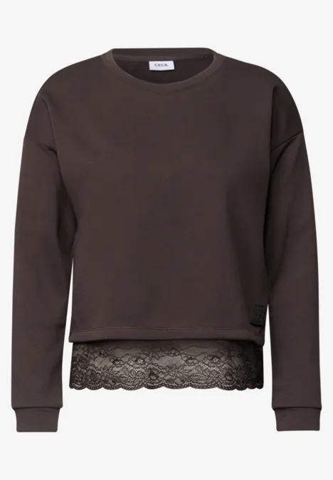 Shirt met lange mouwen, ronde hals en kanten rand truffle brown Donkerbruin sweatshirt met ronde hals en kanten rand onderaan.