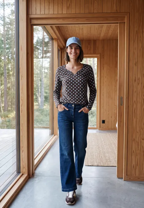 Eine Frau mit Jeans, gepunkteter Bluse und Baseballcap steht in einem modernen Haus mit Holzverkleidung.